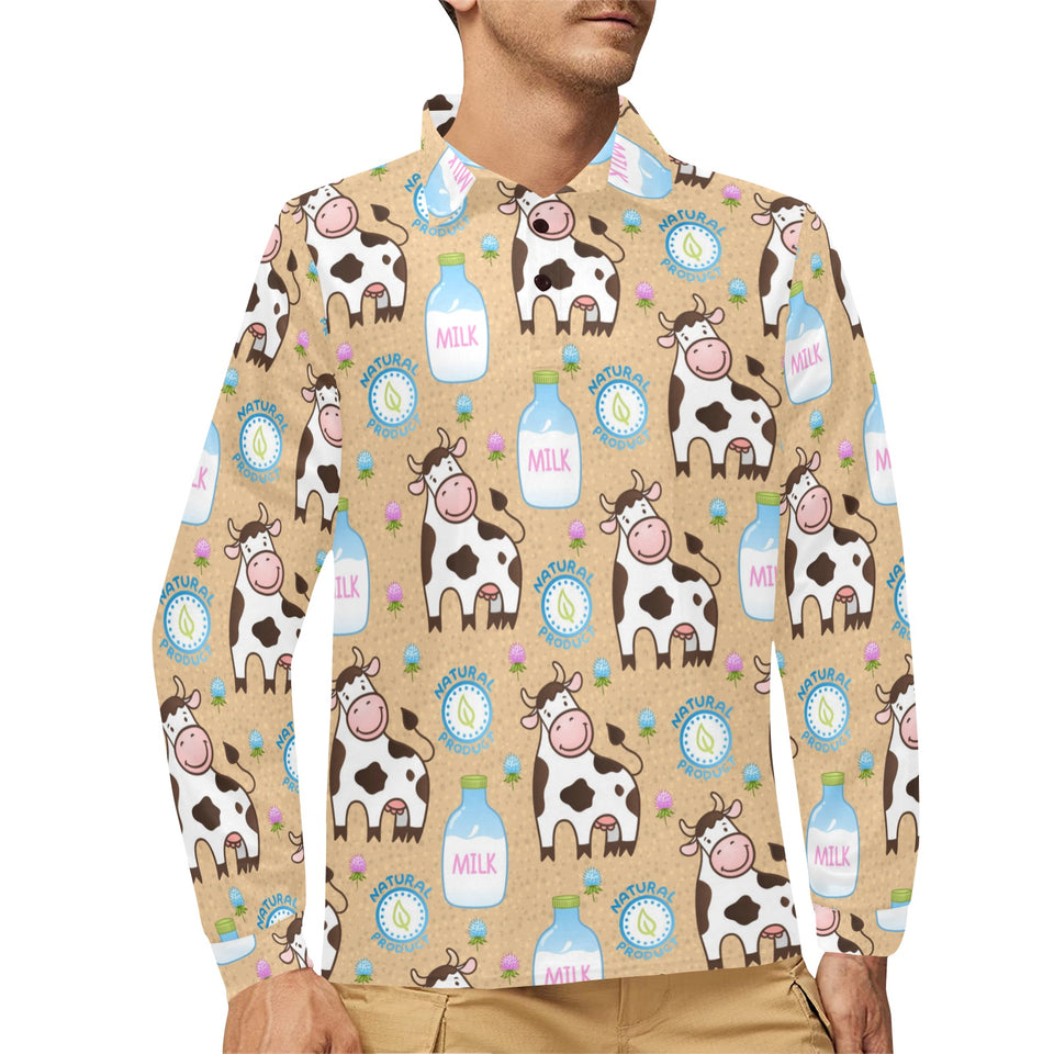 Cow bottle of milk pattern Men's Long Sleeve Polo Shirt