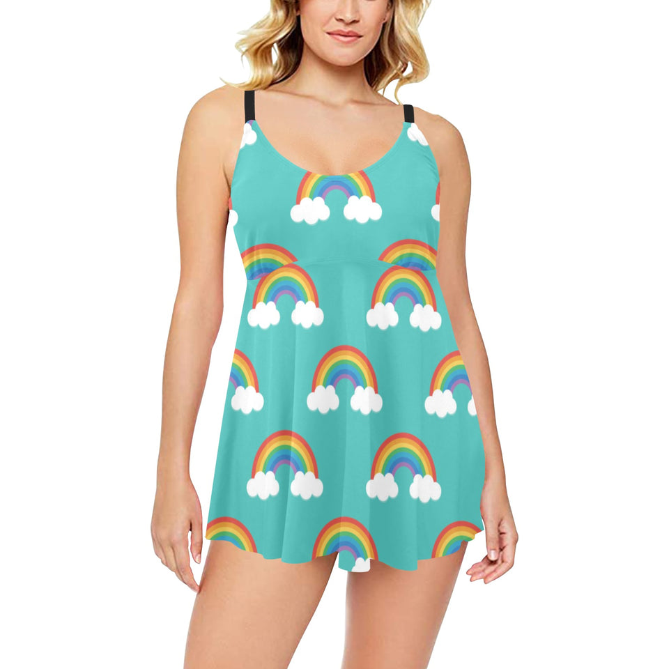 Rainbow pattern green background Chest Sexy Pleated Two Piece Swim Dress