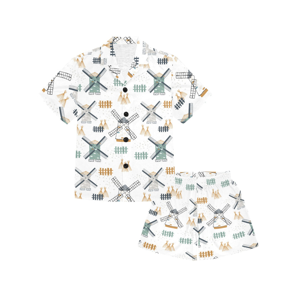 windmill pattern Kids' Boys' Girls' V-Neck Short Pajama Set