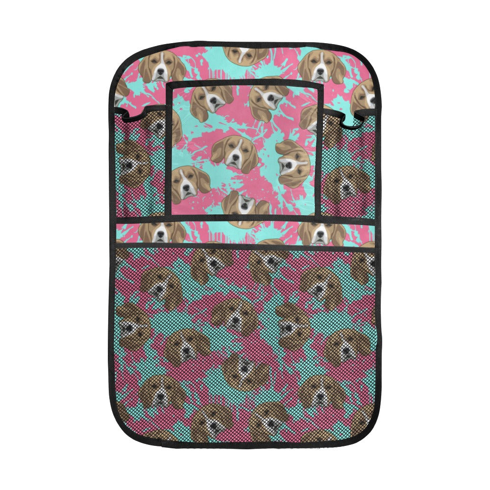 Beagle muzzles turquoise paint splashes pink patte Car Seat Back Organizer