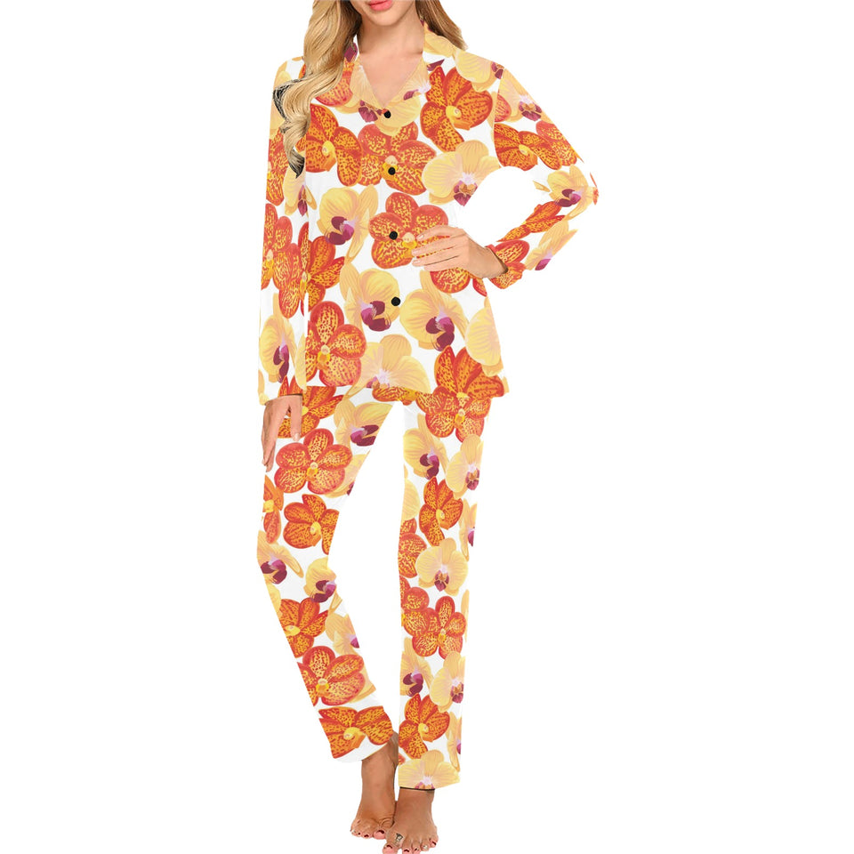 Orange yellow orchid flower pattern background Women's Long Pajama Set