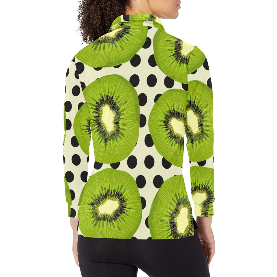 kiwi black dot background Women's Long Sleeve Polo Shirt