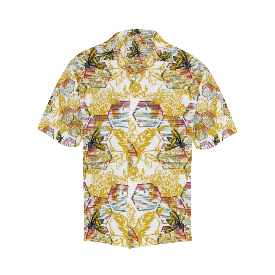 Cool Bee honeycomb leaves pattern Men's All Over Print Hawaiian Shirt