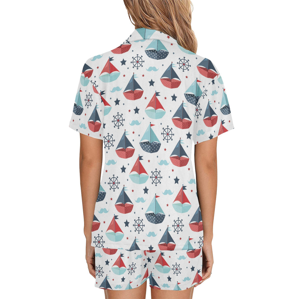 Cute color paper sailboat pattern Women's V-Neck Short Pajama Set