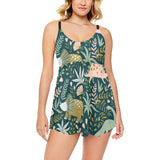dinosaurs tropical leaves flower pattern Chest Sexy Pleated Two Piece Swim Dress