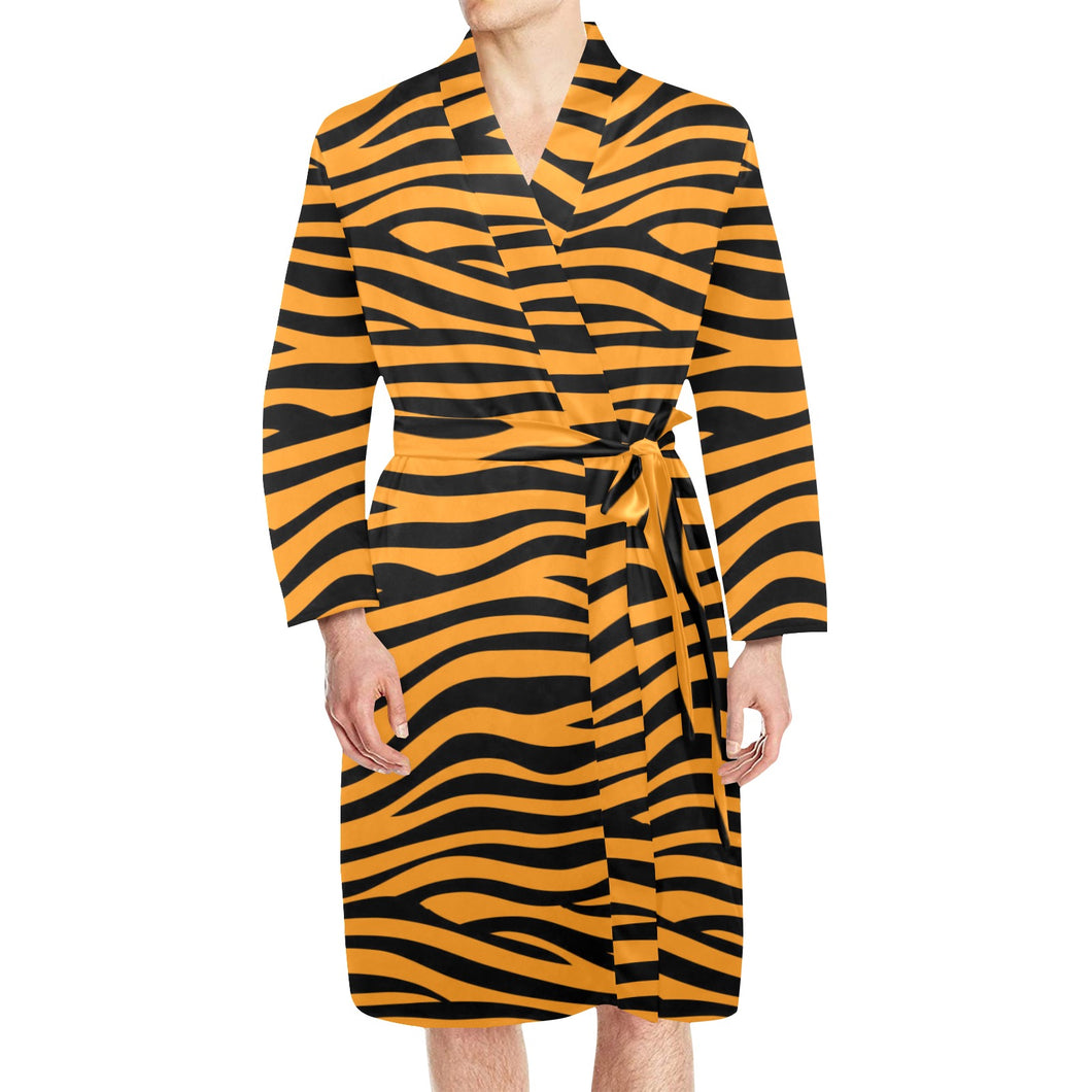 Bengal tigers skin print pattern background Men's Long Sleeve Belted Night Robe