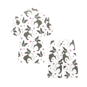 Boston terrier dog hearts vector pattern Men's V-Neck Short Pajama Set