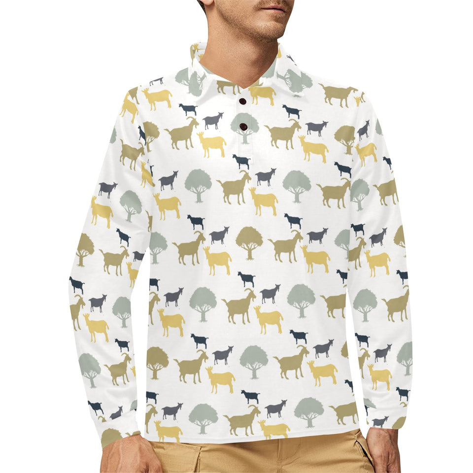 Silhouettes of goat and tree pattern Men's Long Sleeve Polo Shirt
