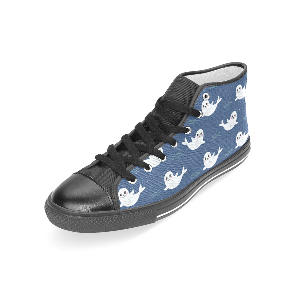 Cute white baby sea lion seal pattern Women's High Top Canvas Shoes Black
