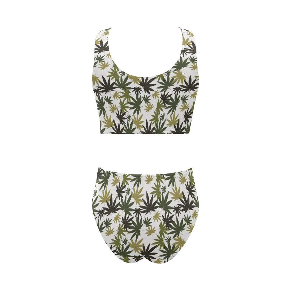 Canabis Marijuana Weed Pattern Print Design 05 Chest Bowknot High Waisted Bikini Swimsuit