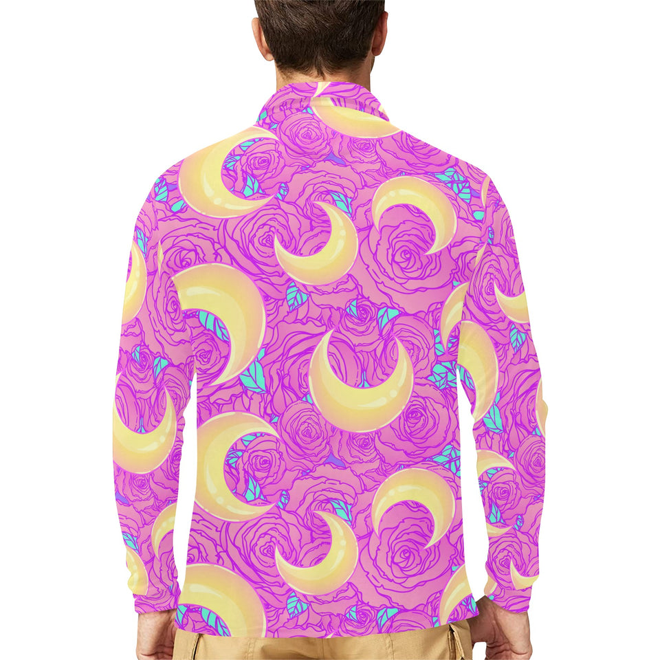 Moon pink rose background Men's Long Sleeve Polo Shirt