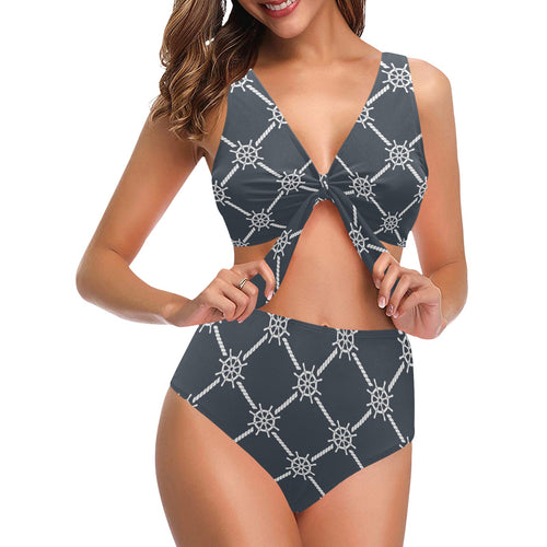 nautical steering wheel rope pattern Chest Bowknot High Waisted Bikini Swimsuit