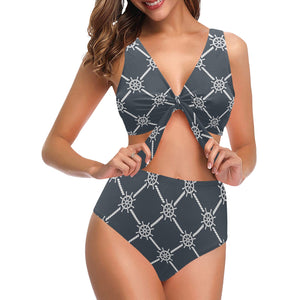 nautical steering wheel rope pattern Chest Bowknot High Waisted Bikini Swimsuit