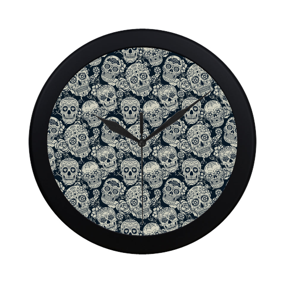 Sugar skull black white pattern Elegant Black Wall Clock