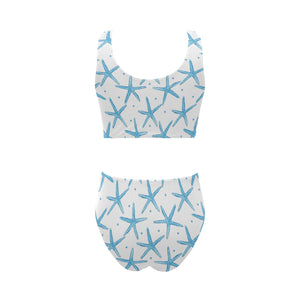 Watercolor starfish pattern Chest Bowknot High Waisted Bikini Swimsuit
