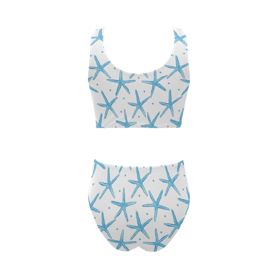 Watercolor starfish pattern Chest Bowknot High Waisted Bikini Swimsuit