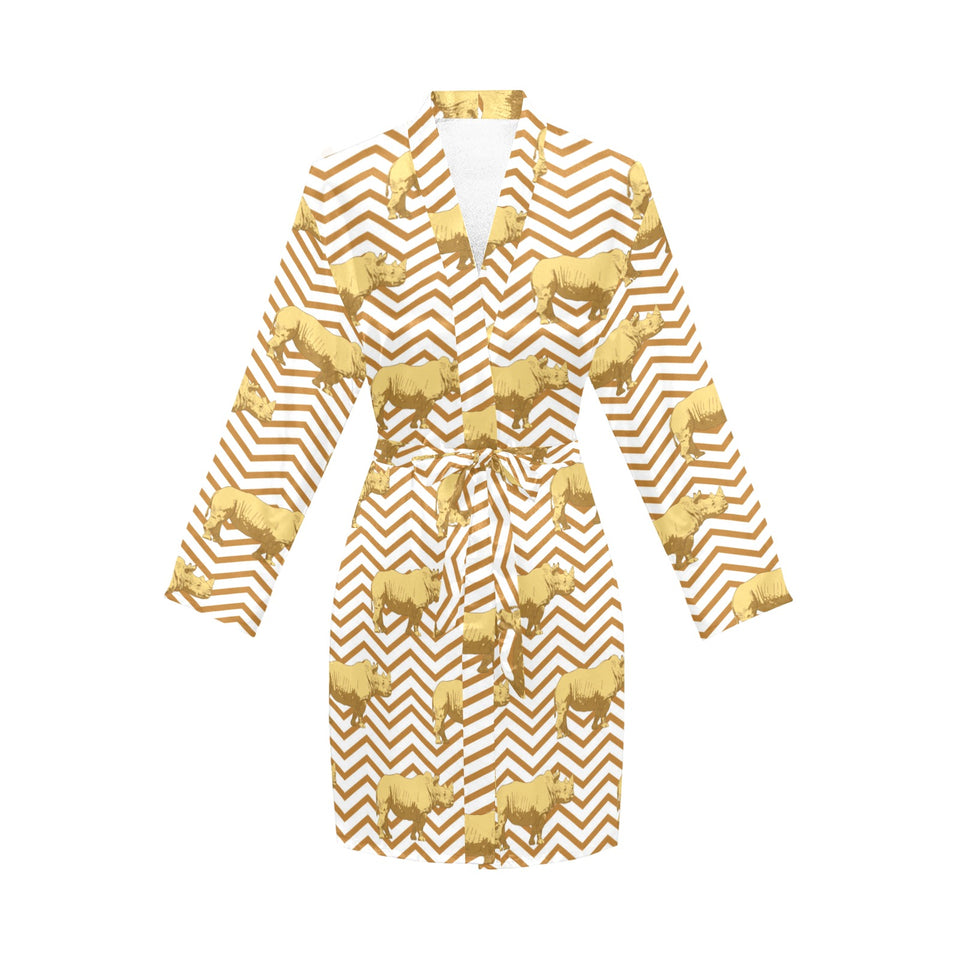 Rhino yellow theme pattern Women's Long Sleeve Belted Night Robe