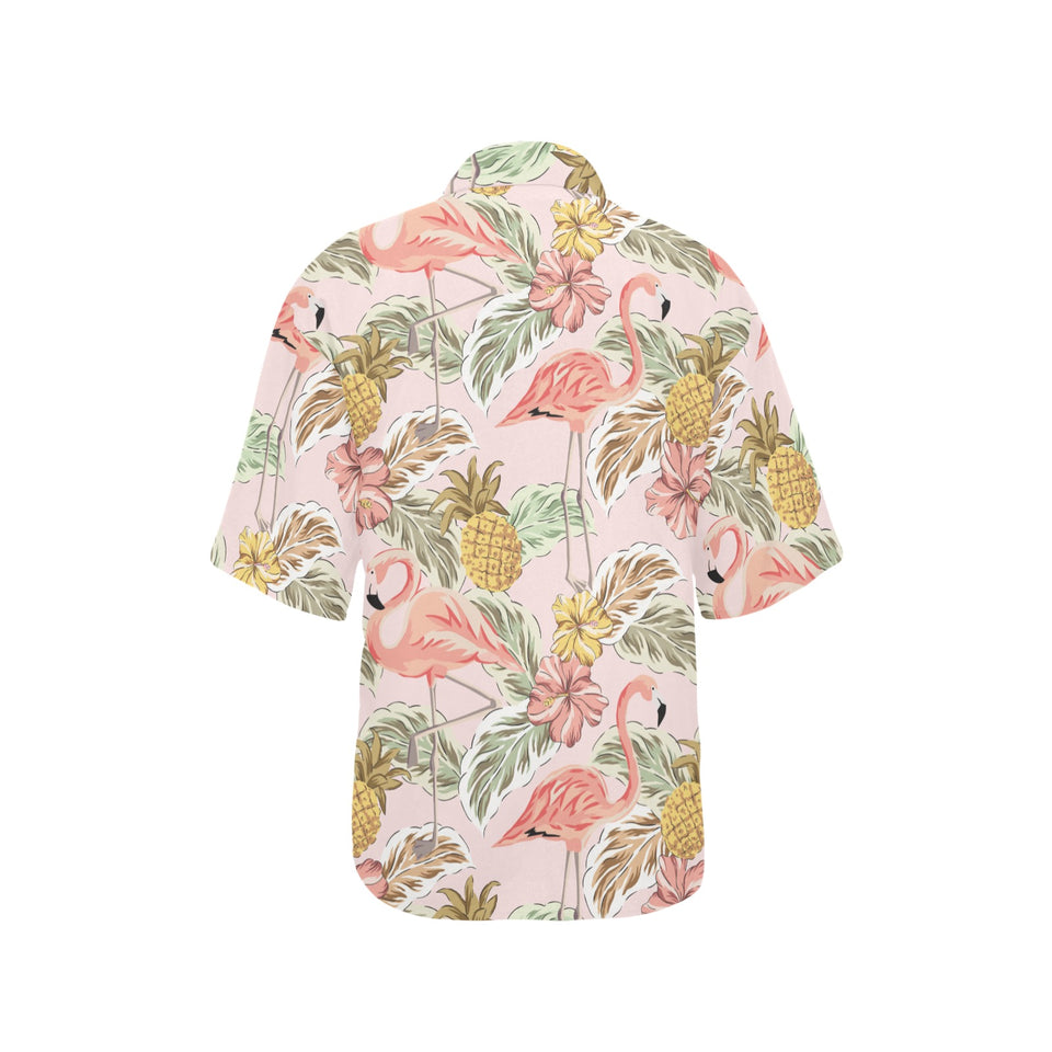 Pink flamingo birds pineapples hibiscus flower pat Women's All Over Print Hawaiian Shirt