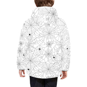 Spider web cobweb pattern white background Kids' Boys' Girls' Padded Hooded Jacket