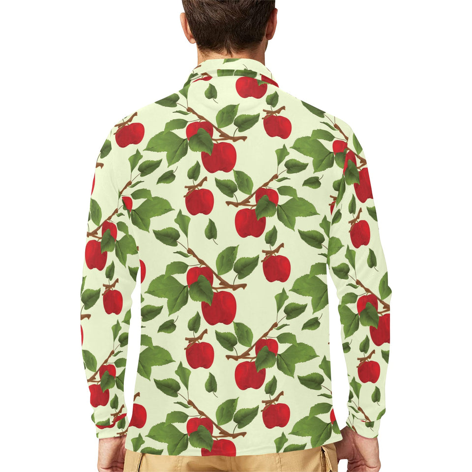 Red apples leaves pattern Men's Long Sleeve Polo Shirt