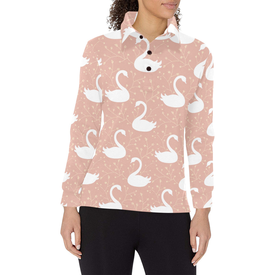 Swan flower light pink background Women's Long Sleeve Polo Shirt