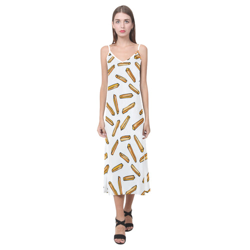 French fries potato pattern V-Neck Open Fork Long Dress