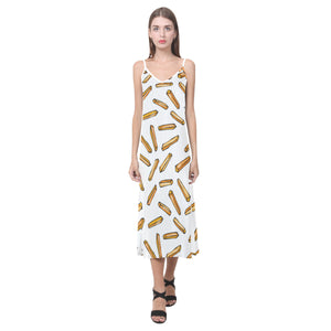 French fries potato pattern V-Neck Open Fork Long Dress