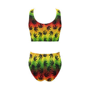 Canabis Marijuana Weed Pattern Print Design 03 Chest Bowknot High Waisted Bikini Swimsuit