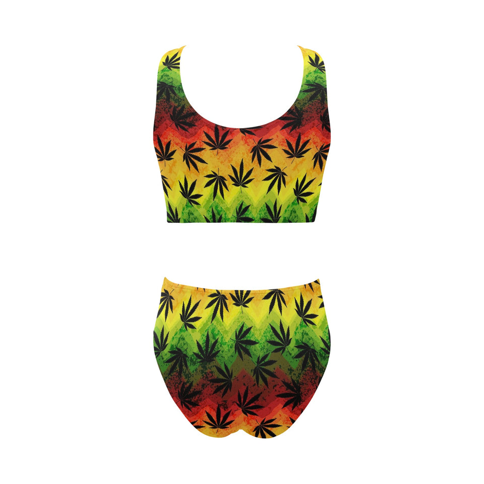 Canabis Marijuana Weed Pattern Print Design 03 Chest Bowknot High Waisted Bikini Swimsuit