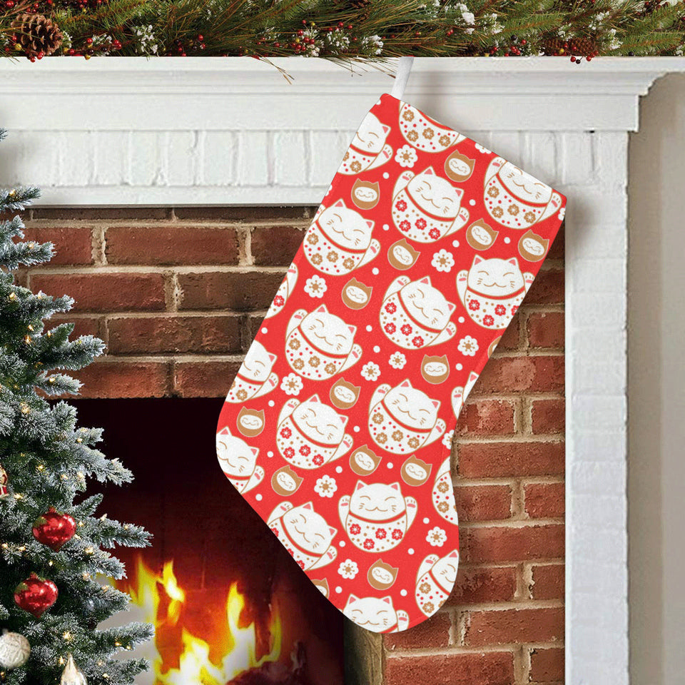 Cute Maneki neko cat red background Christmas Stocking