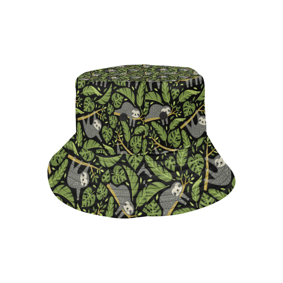 Cute sloths tropical palm leaves black background Unisex Bucket Hat