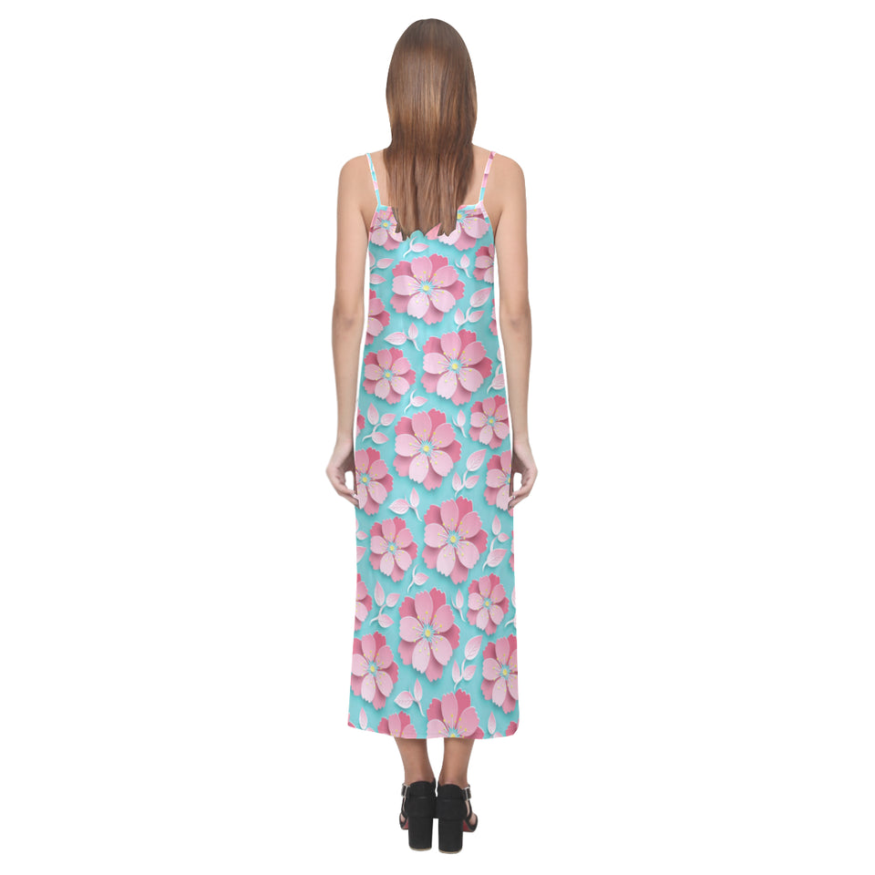 3D sakura cherry blossom pattern V-Neck Open Fork Long Dress