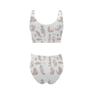 Cute sea otters pattern Chest Bowknot High Waisted Bikini Swimsuit
