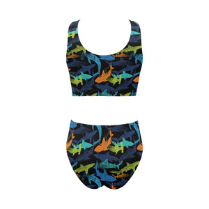 Colorful shark Chest Bowknot High Waisted Bikini Swimsuit
