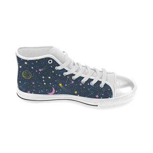 space pattern with planets, comets, constellations Women's High Top Canvas Shoes White