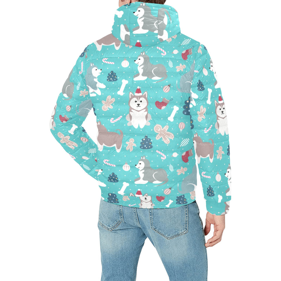 Christmas cute siberian husky puppie pattern Men's Padded Hooded Jacket