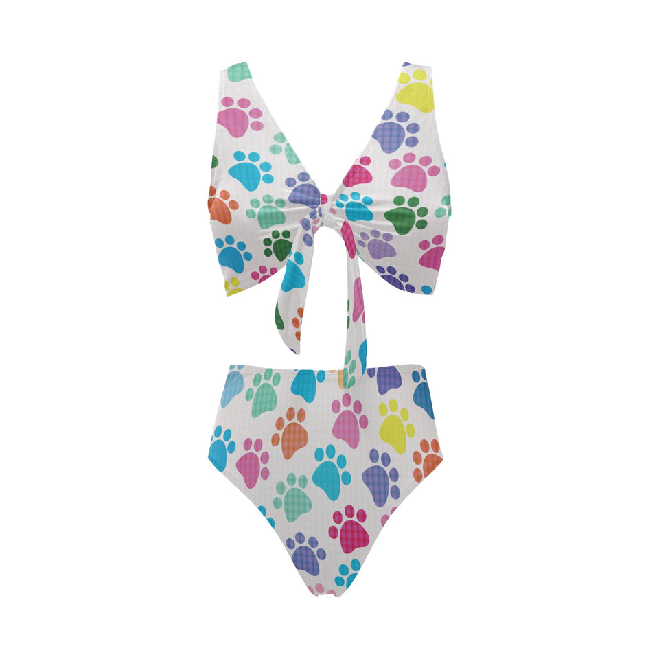 Dog Paws Pattern Print Design 01 Chest Bowknot High Waisted Bikini Swimsuit