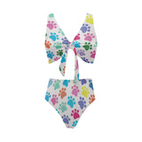 Dog Paws Pattern Print Design 01 Chest Bowknot High Waisted Bikini Swimsuit