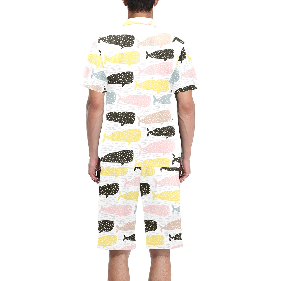 Whale dot pattern Men's V-Neck Short Pajama Set