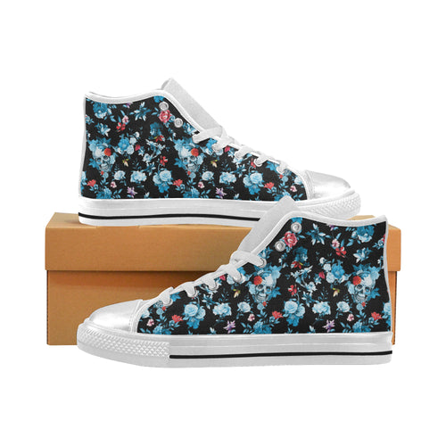 Skull flower roses leave pattern Women's High Top Canvas Shoes White