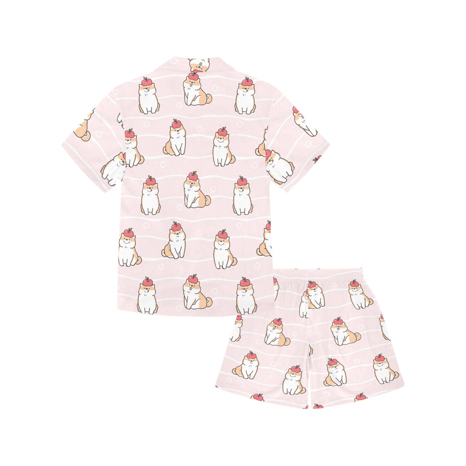 Cute Shiba Inu Dog Apple pattern Kids' Boys' Girls' V-Neck Short Pajama Set