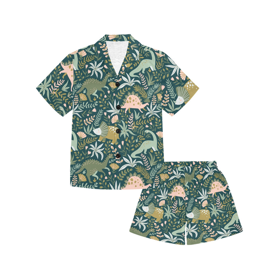 dinosaurs tropical leaves flower pattern Kids' Boys' Girls' V-Neck Short Pajama Set