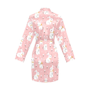 Cute white rabbit flower pink background Women's Long Sleeve Belted Night Robe