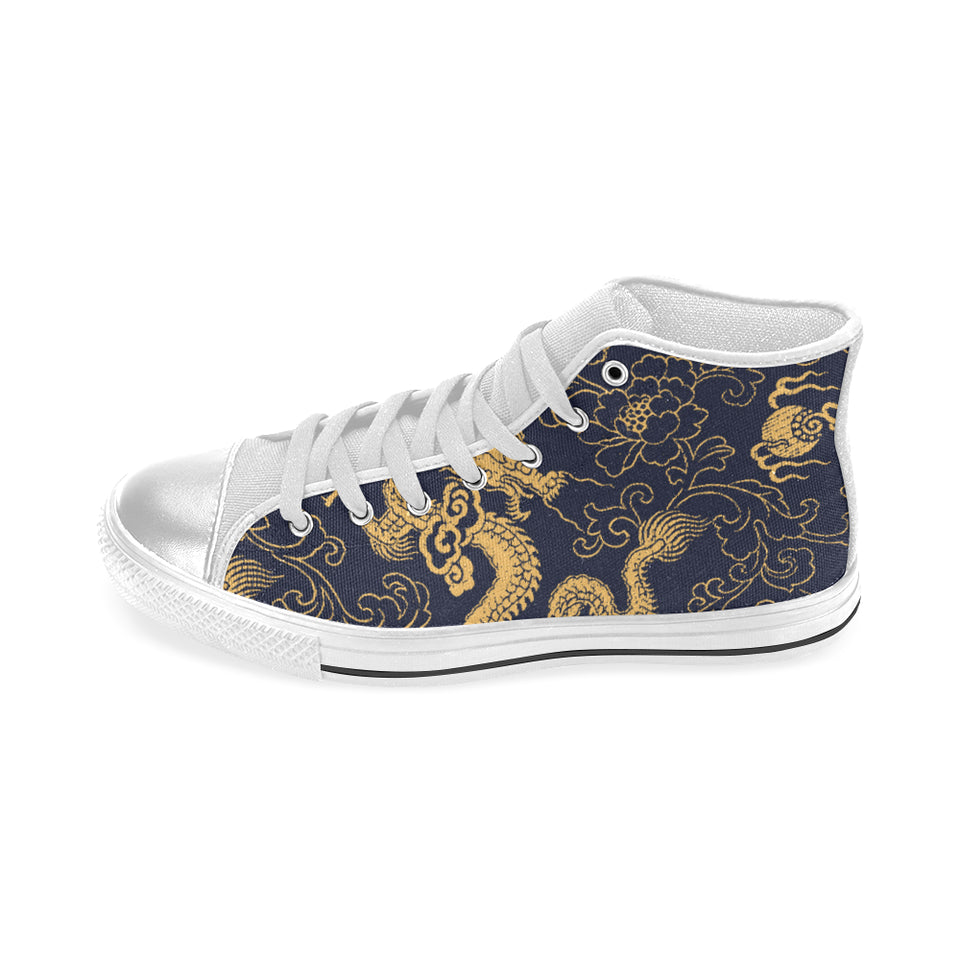Gold dragon pattern Women's High Top Canvas Shoes White