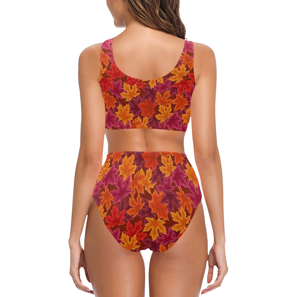 Autumn maple leaf pattern Chest Bowknot High Waisted Bikini Swimsuit