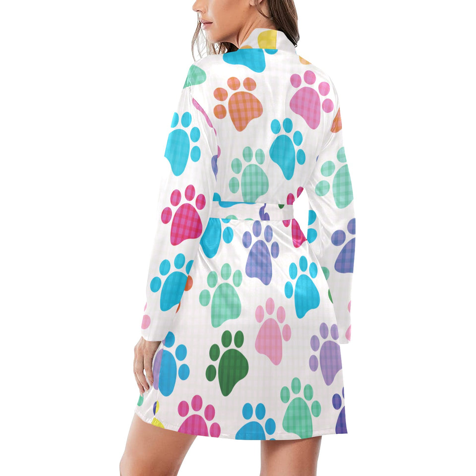 Dog Paws Pattern Print Design 01 Women's Long Sleeve Belted Night Robe