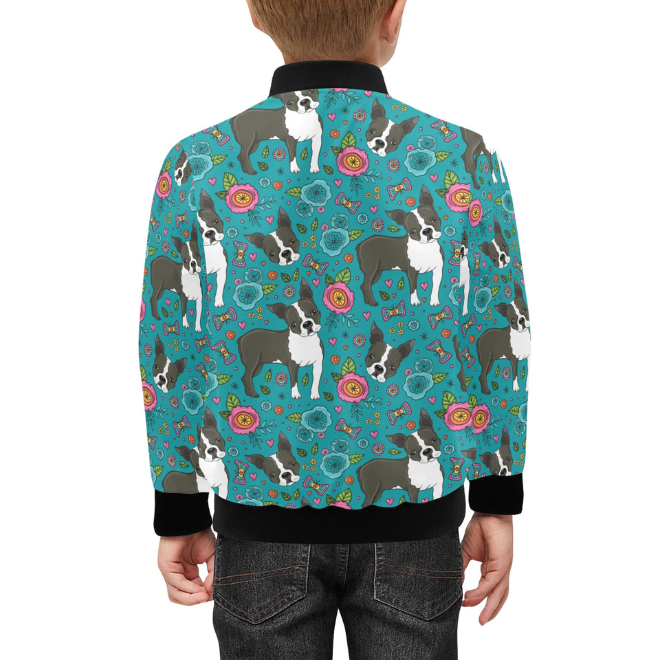 Boston terrier beautiful flower pattern Kids' Boys' Girls' Bomber Jacket