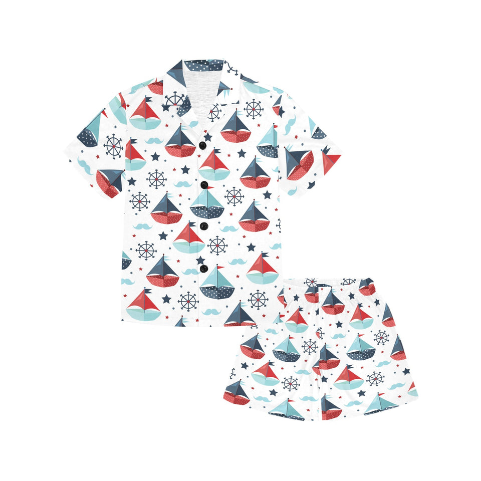 Cute color paper sailboat pattern Kids' Boys' Girls' V-Neck Short Pajama Set