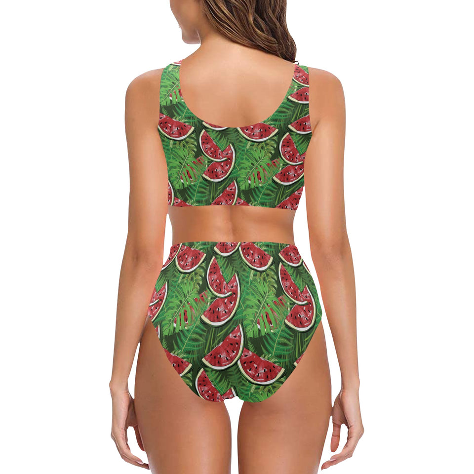 Watermelons tropical palm leaves pattern backgroun Chest Bowknot High Waisted Bikini Swimsuit