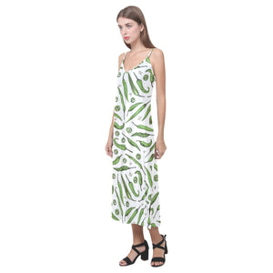 Hand drawn sketch style green Chili peppers patter V-Neck Open Fork Long Dress